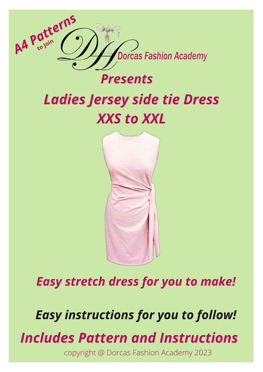 LADIES JERSEY SIDE TIE DRESS SEWING PATTERN & INSTRUCTIONS XXS TO XXL