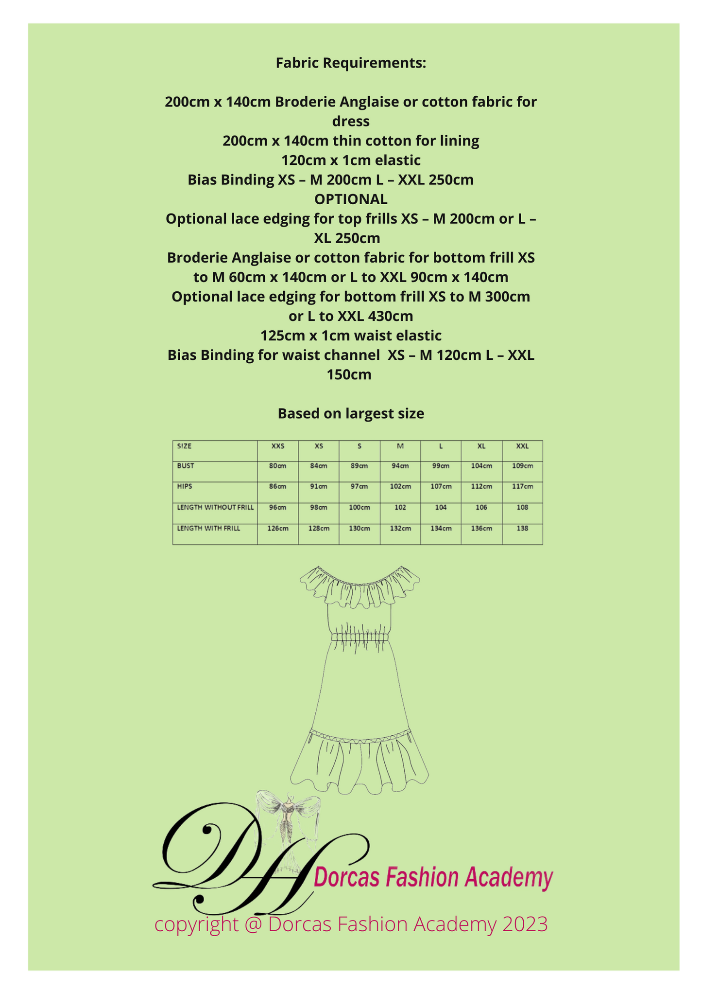 LADIES FRILLY DRESS SEWING PATTERN & INSTRUCTIONS XXS TO XL