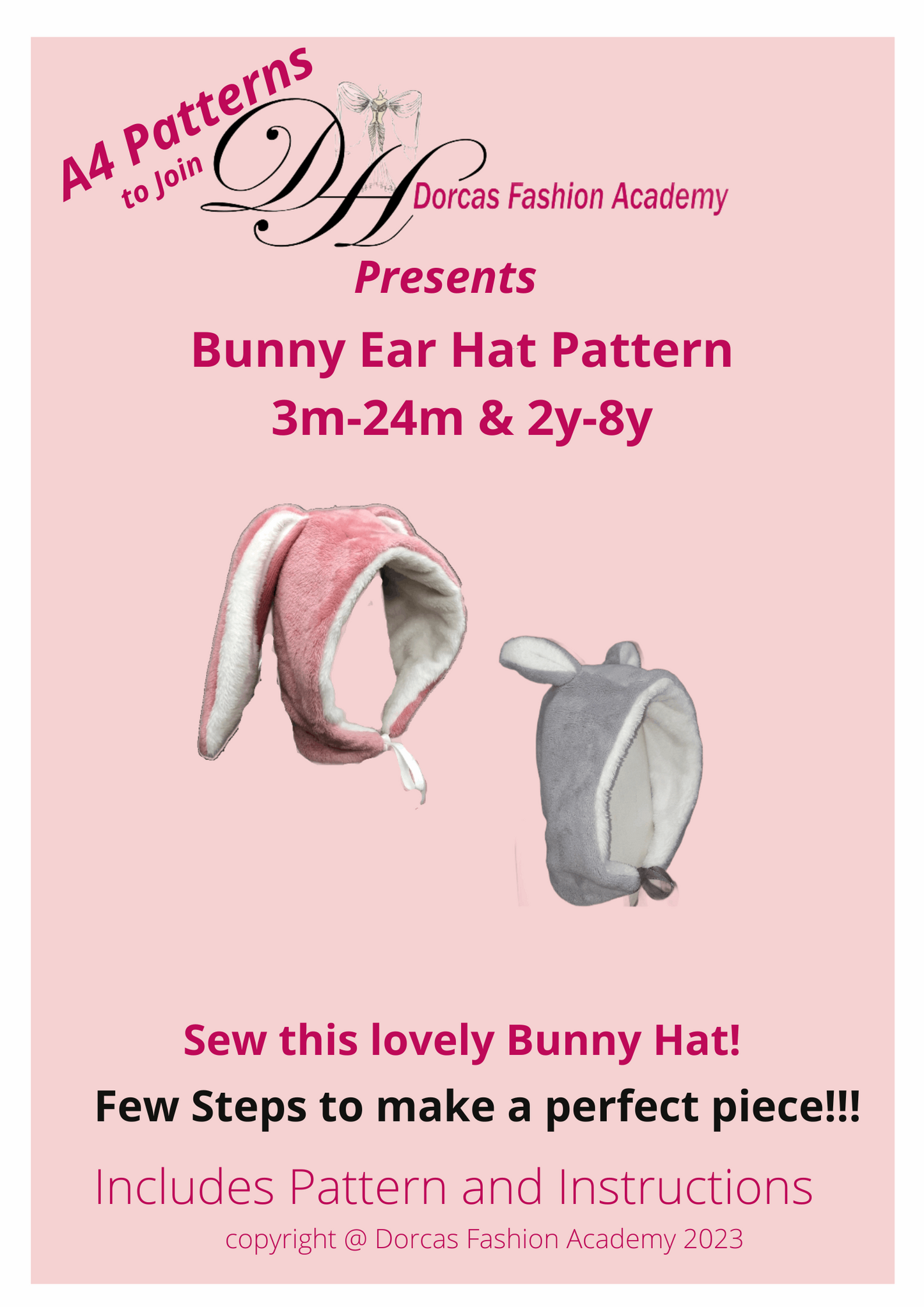 BUNNY EAR HAT PDF SEWING PATTERN & TUTORIAL - 6m-24m & 2y to 8y