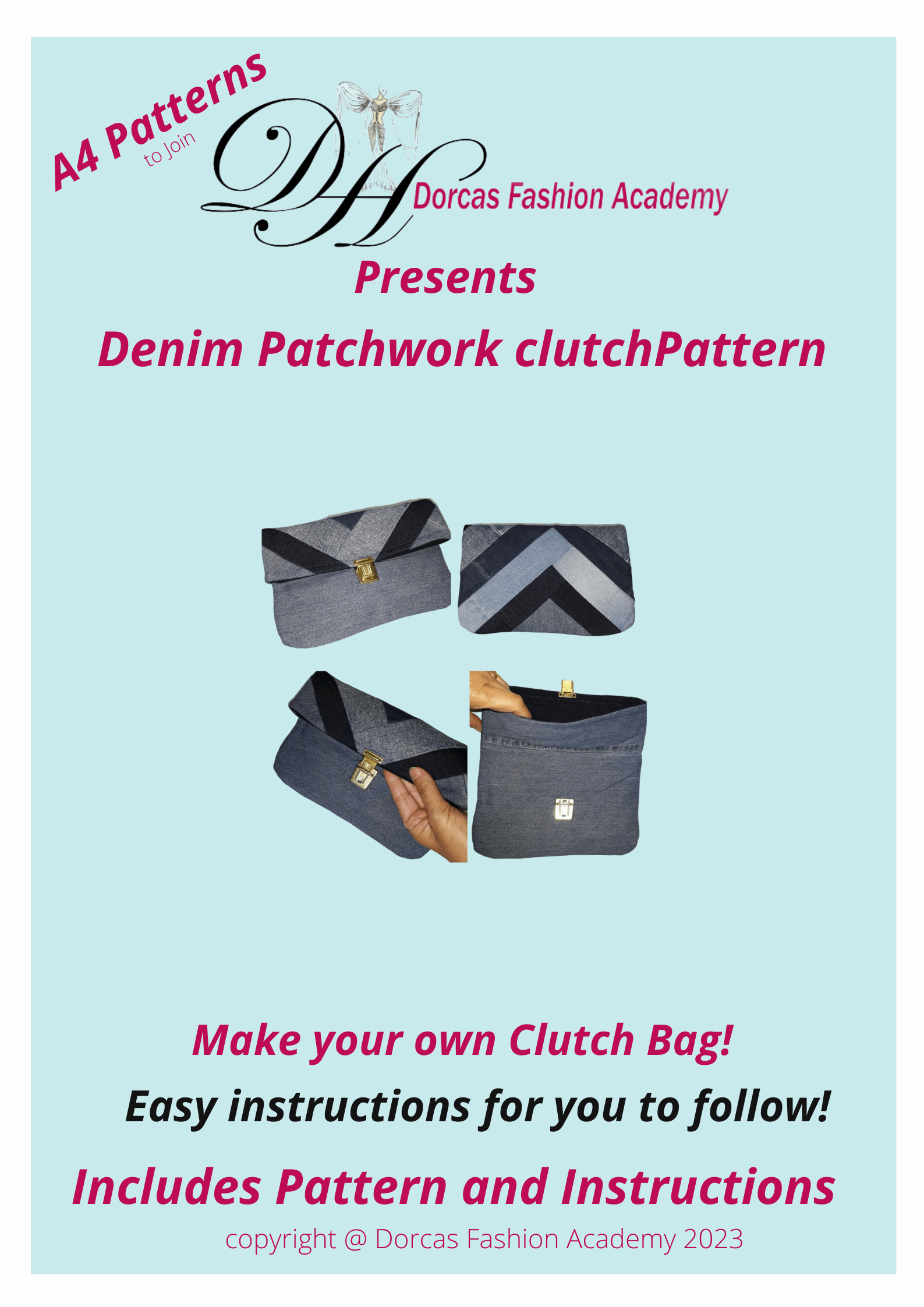DENIM PATCHWORK CLUTCH BAG - SEWING PDF PATTERNS AND INSTRUCTIONS