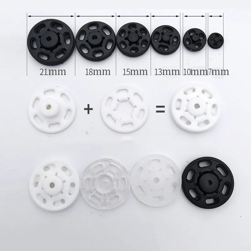 Clear Plastic Round Snap Buttons 50 sets  7-21mm Black/White