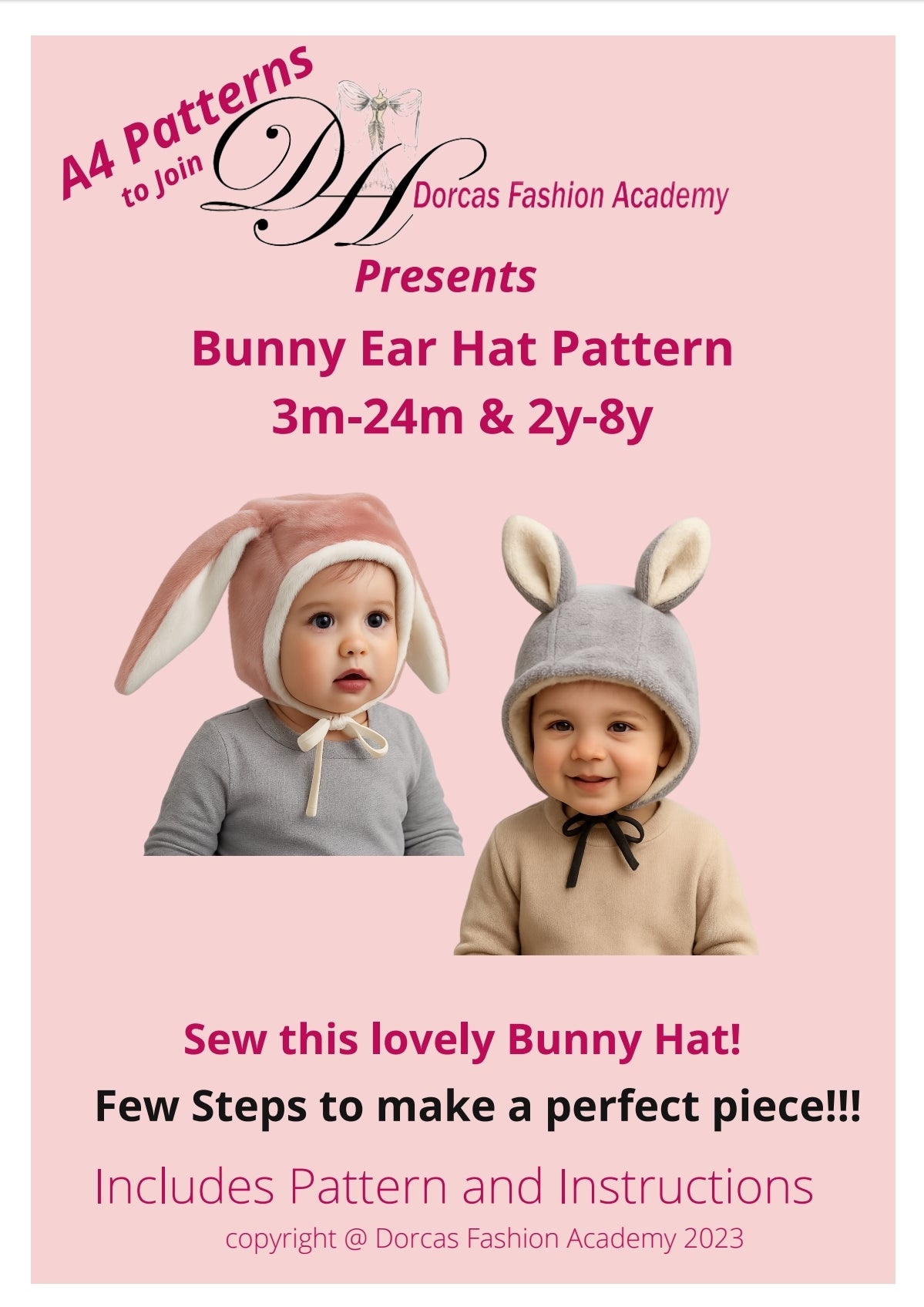 BUNNY EAR HAT PDF SEWING PATTERN & TUTORIAL - 6m-24m & 2y to 8y