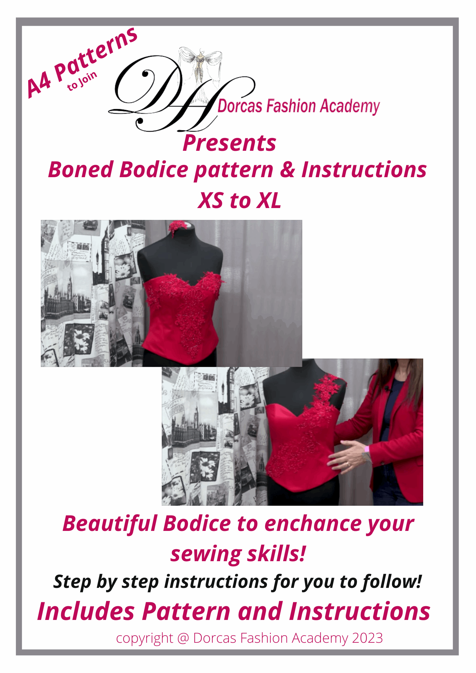 BEAUTIFUL BONED BODICE SEWING PATTERN & INSTRUCTIONS XS TO XL