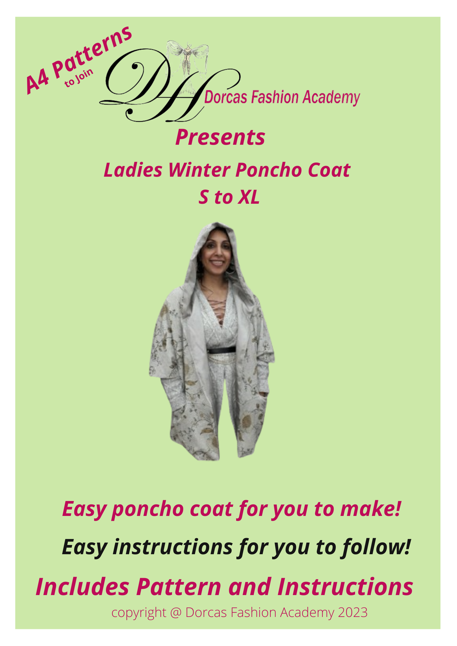 LADIES HOODIE PONCHO COAT PDF SEWING PATTERN & INSTRUCTIONS S to XL