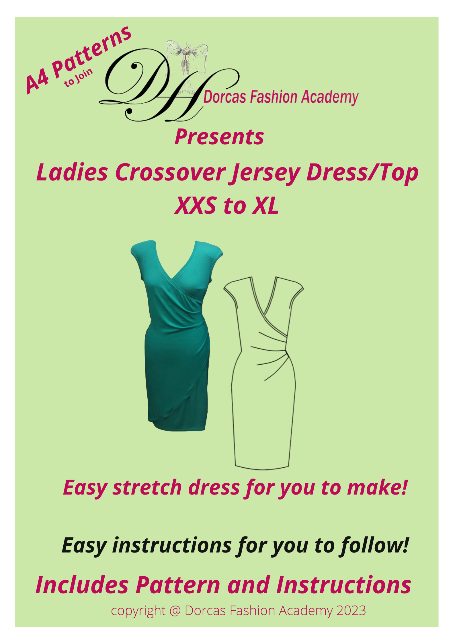 LADIES CROSS OVER JERSEY DRESS SEWING PATTERN & INSTRUCTIONS XXS TO XL