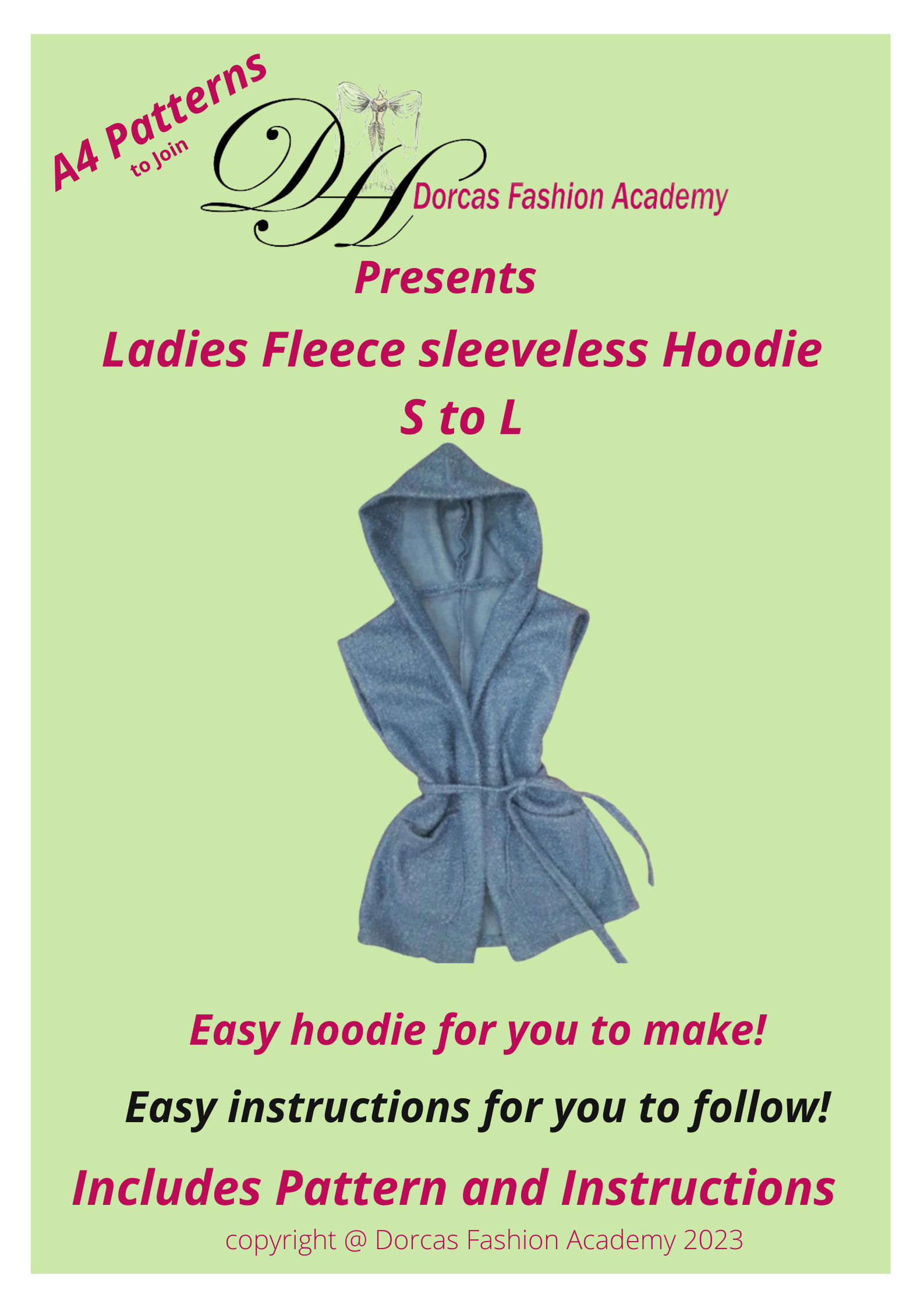 LADIES SLEEVELESS HOODIE PDF SEWING PATTERN & INSTRUCTIONS S to L