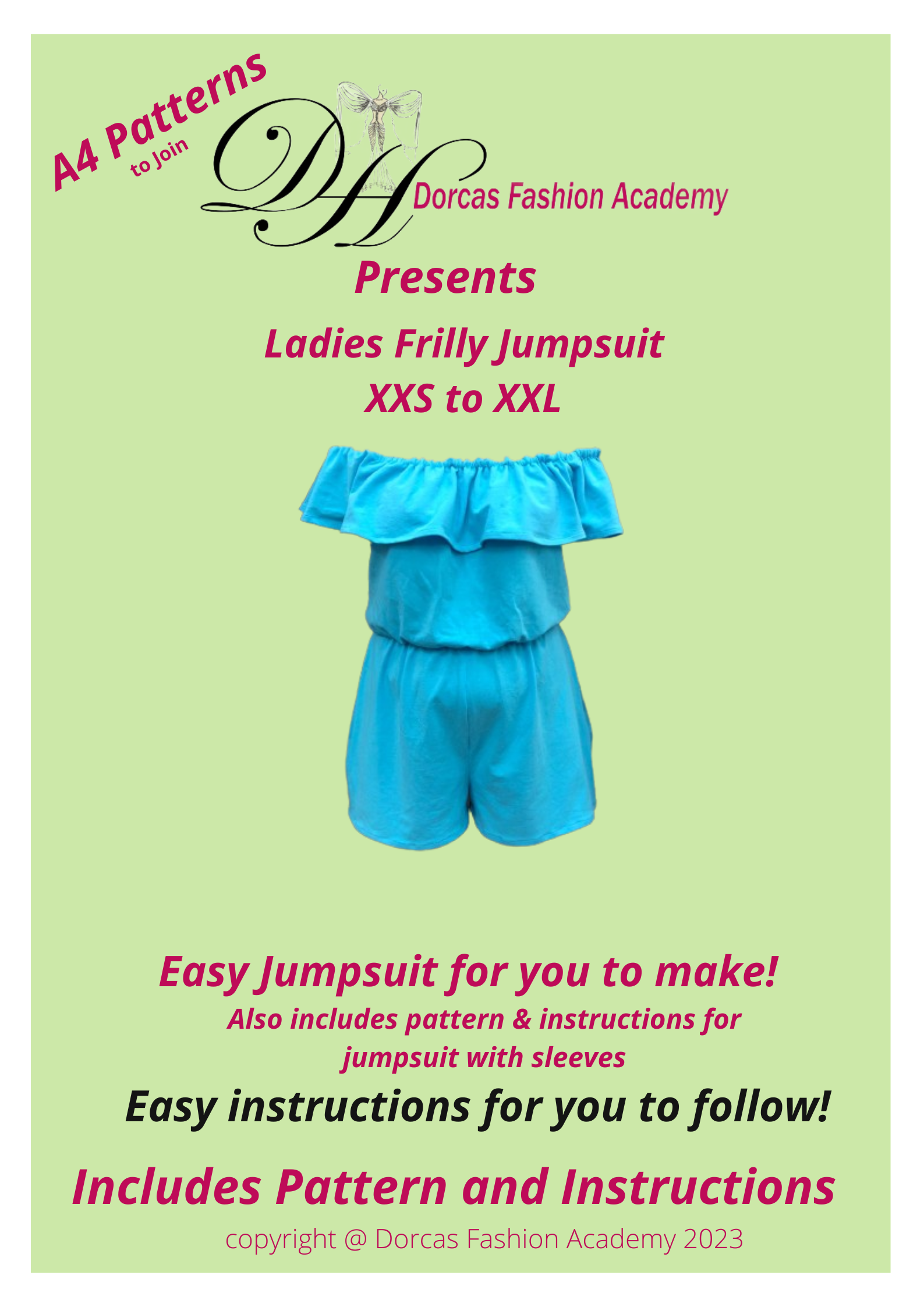 LADIES FRILLY JUMPSUIT SEWING PATTERN & INSTRUCTIONS XXS TO XXL