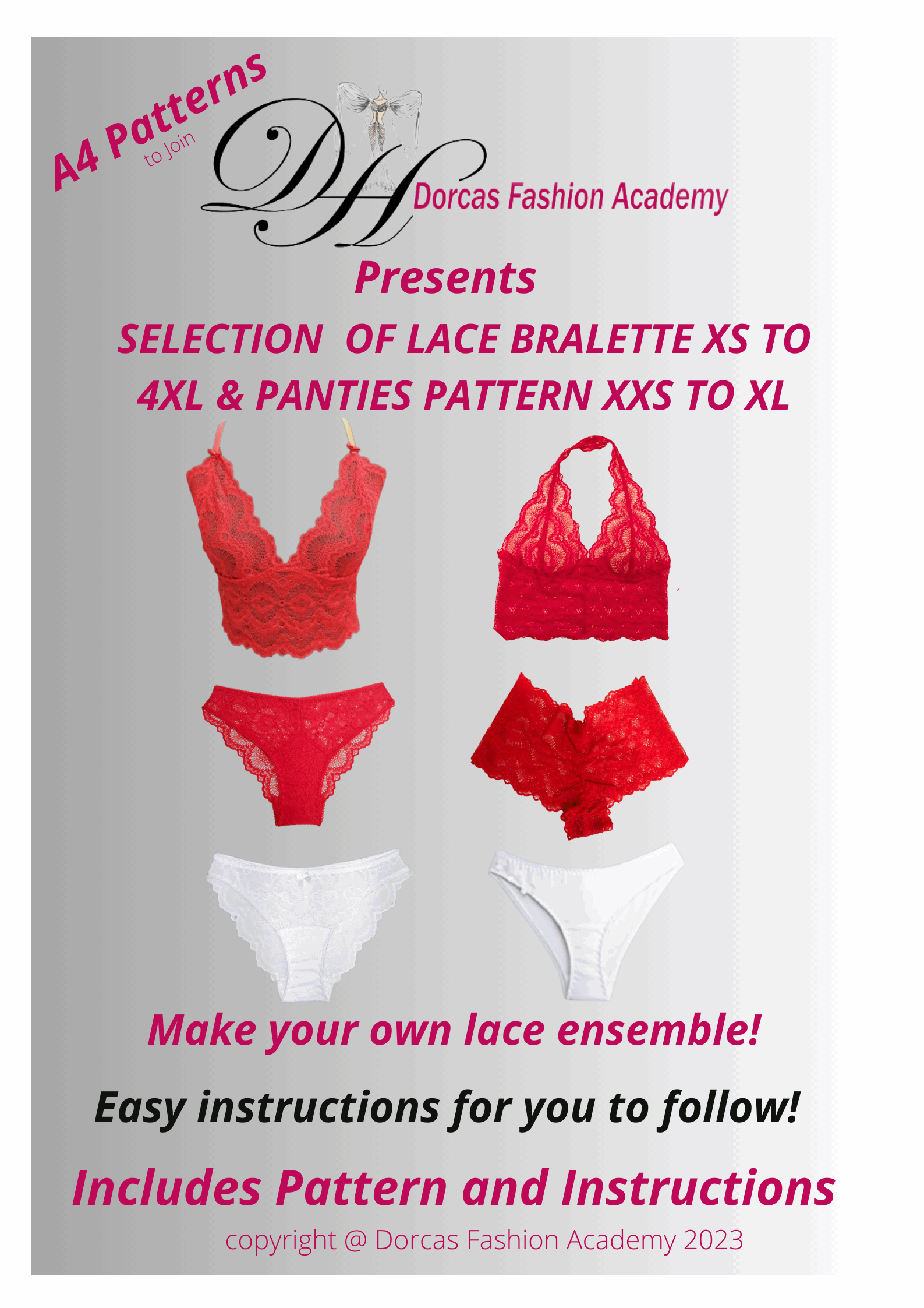 BRALETTE & PANTIES SELECTION OF SEWING PDF PATTERNS AND TUTORIAL - Bralette and cheeky panties in XS to 4XL and undies XS to XL