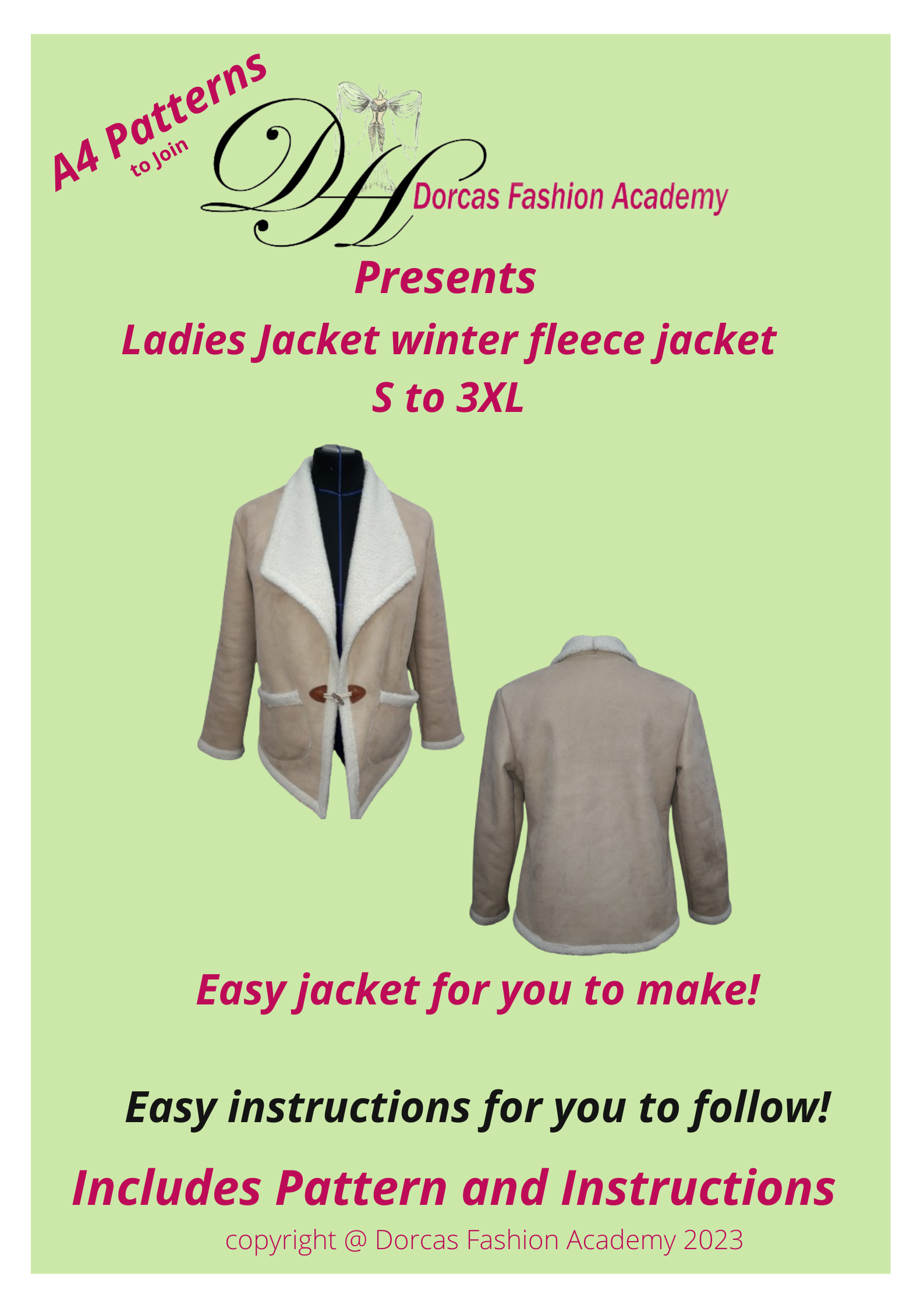 LADIES FLEECE JACKET PDF SEWING PATTERN & INSTRUCTIONS. S to 3XL