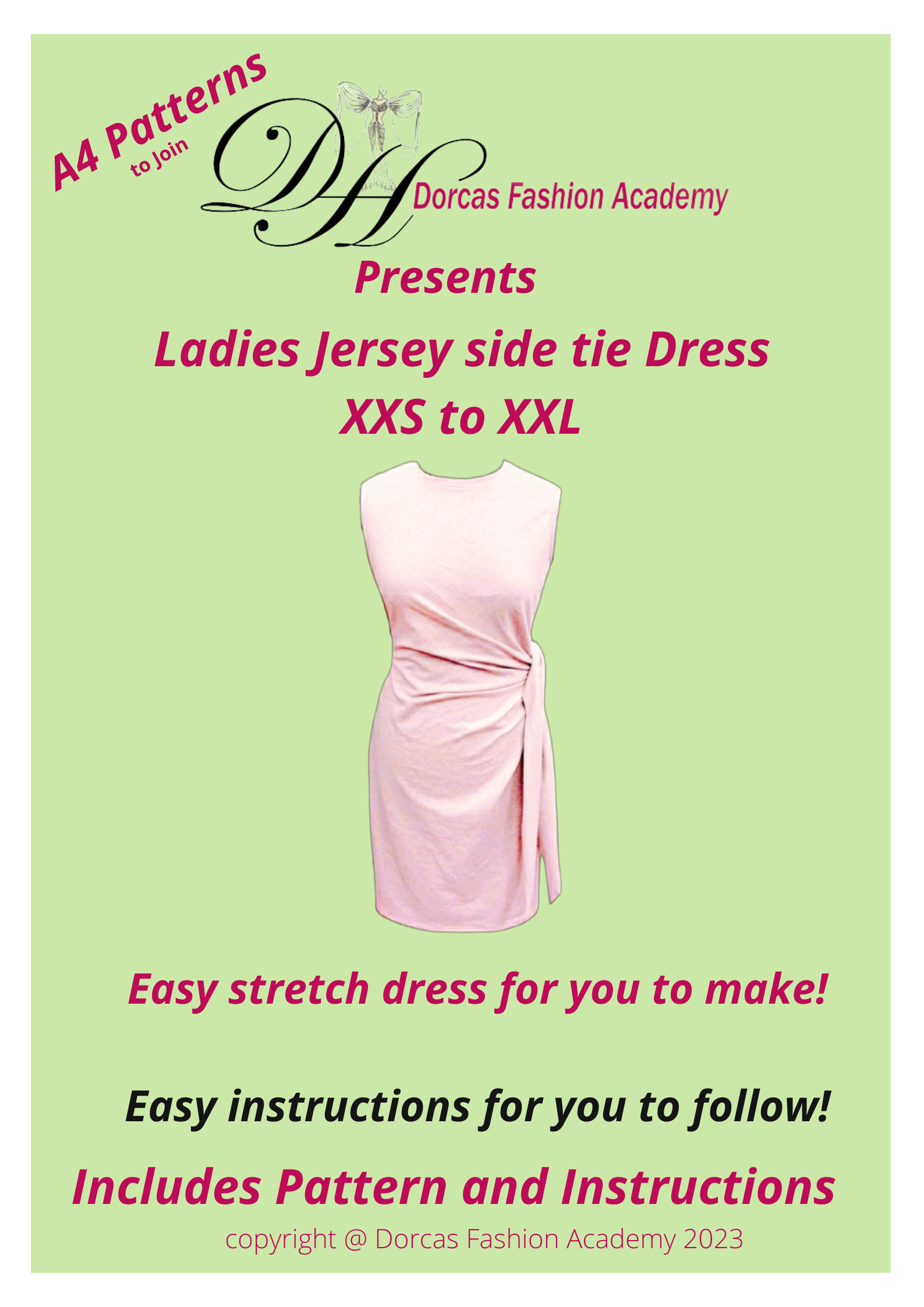 LADIES JERSEY SIDE TIE DRESS SEWING PATTERN & INSTRUCTIONS XXS TO XXL