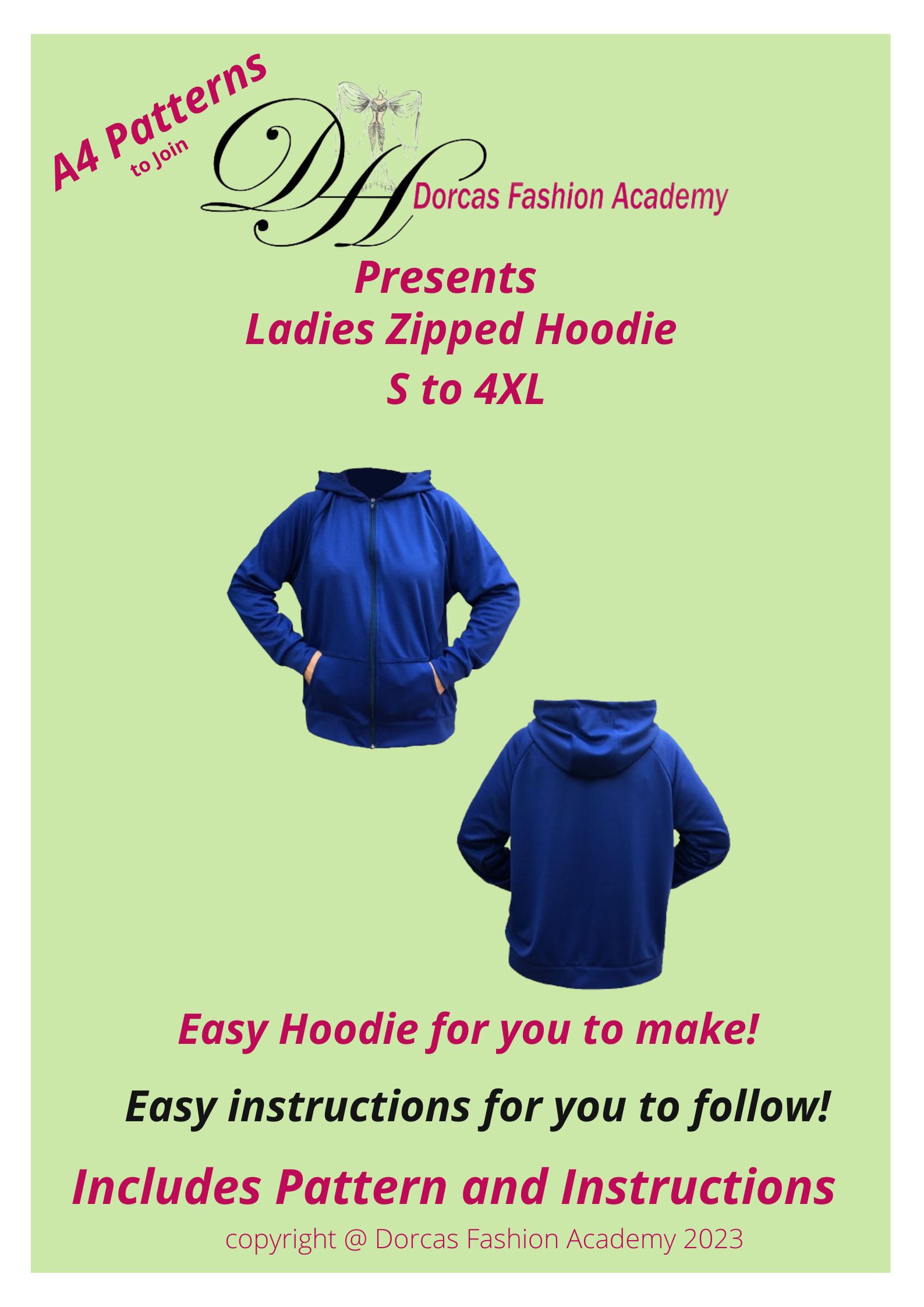 LADIES ZIPPED HOODIE PDF SEWING PATTERN & INSTRUCTIONS S to 4XL