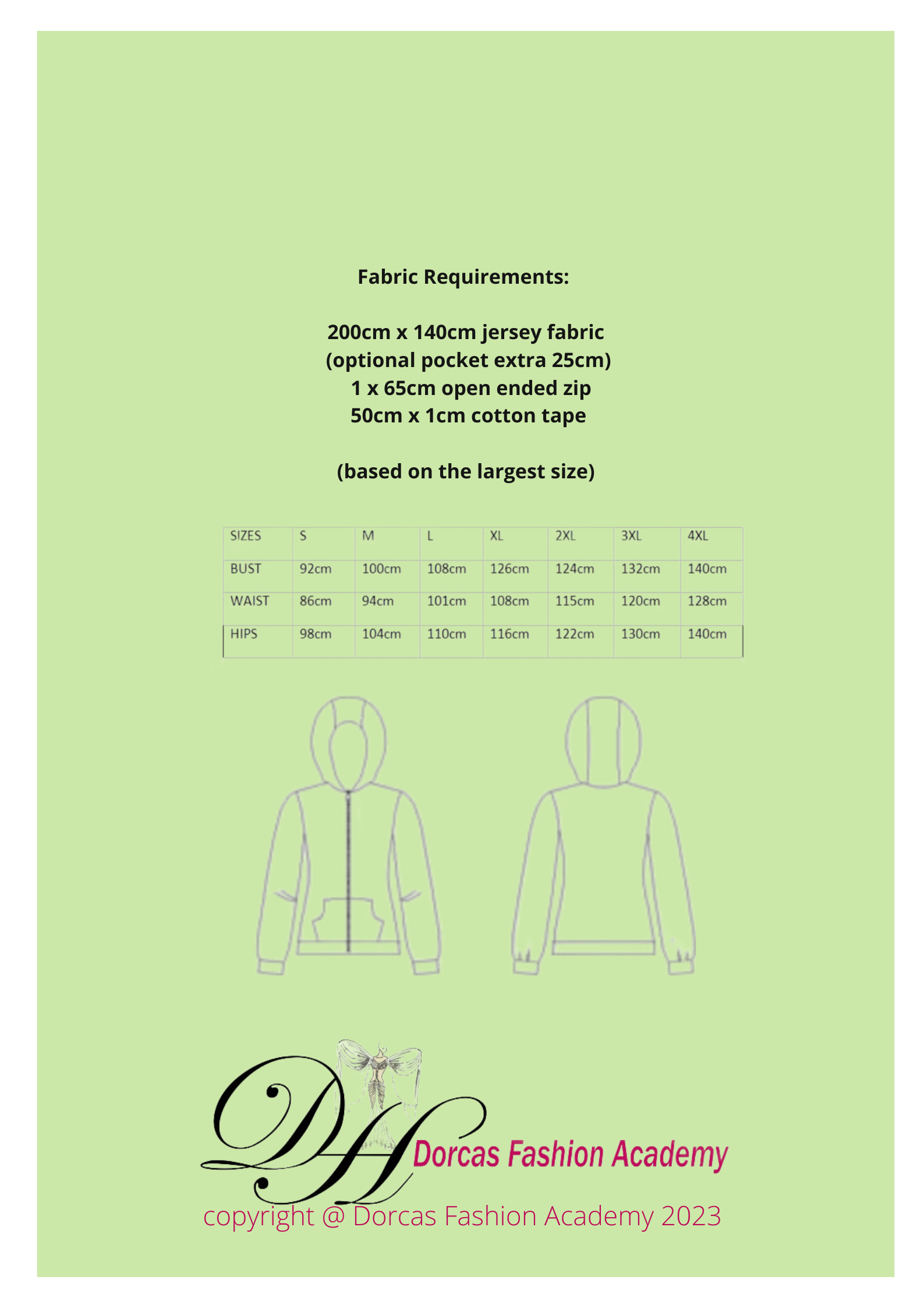 LADIES ZIPPED HOODIE PDF SEWING PATTERN & INSTRUCTIONS S to 4XL