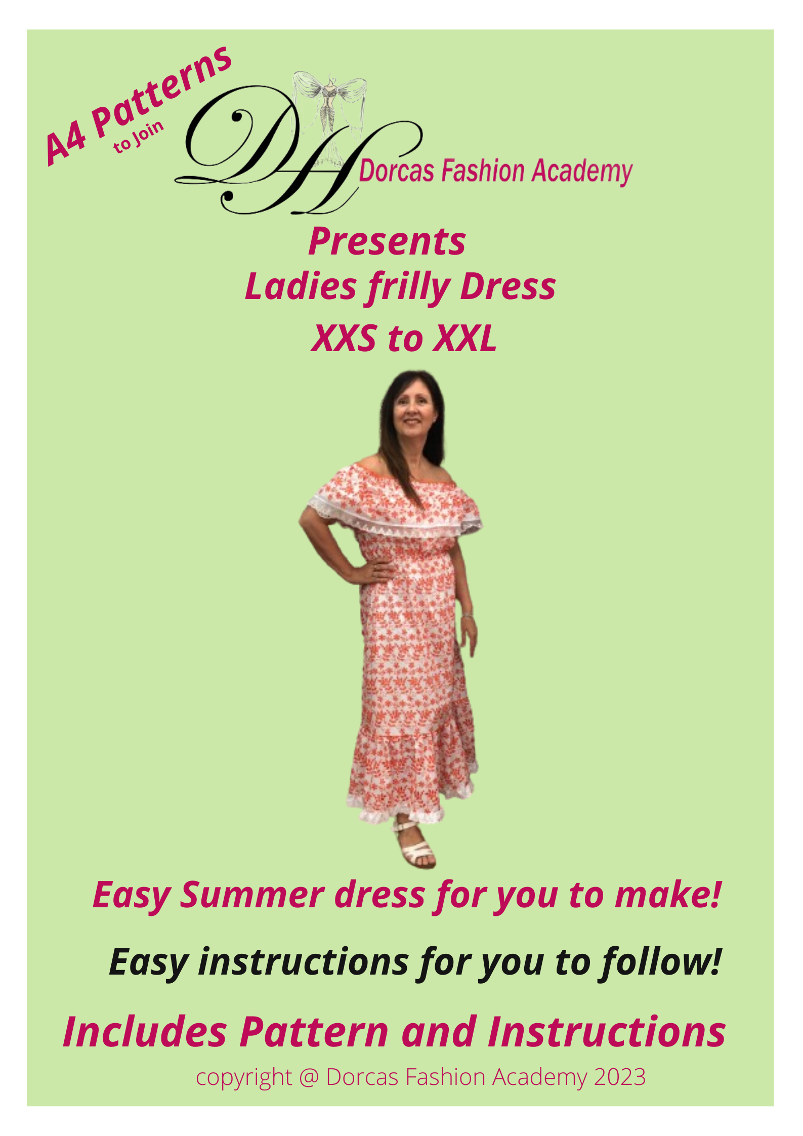 LADIES FRILLY DRESS SEWING PATTERN & INSTRUCTIONS XXS TO XL