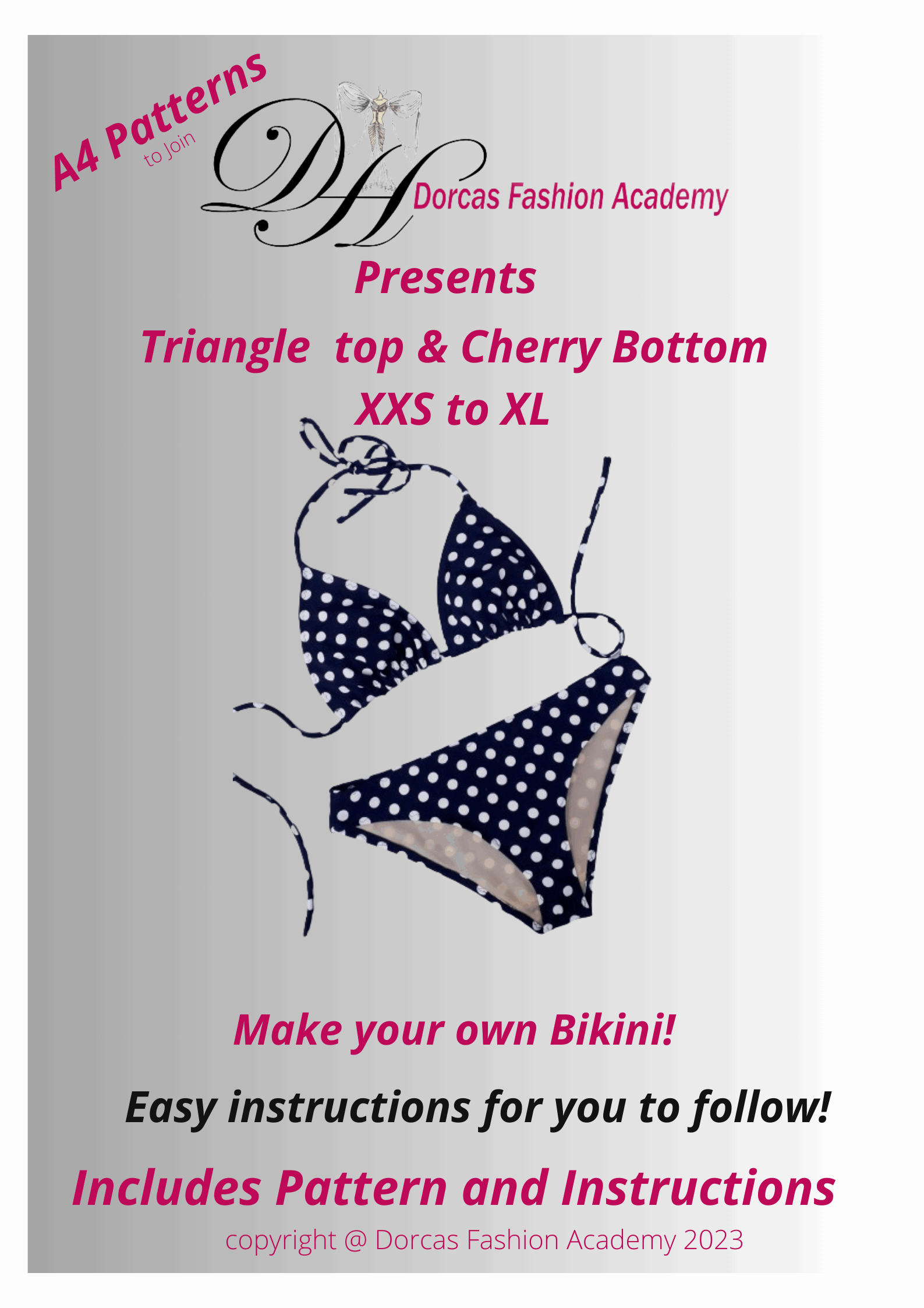 CHERRY BIKINI WITH STANDARD RISE AND TRIANGLE TOP PDF SEWING PATTERN AND INSTRUCTIONS XXS-XL