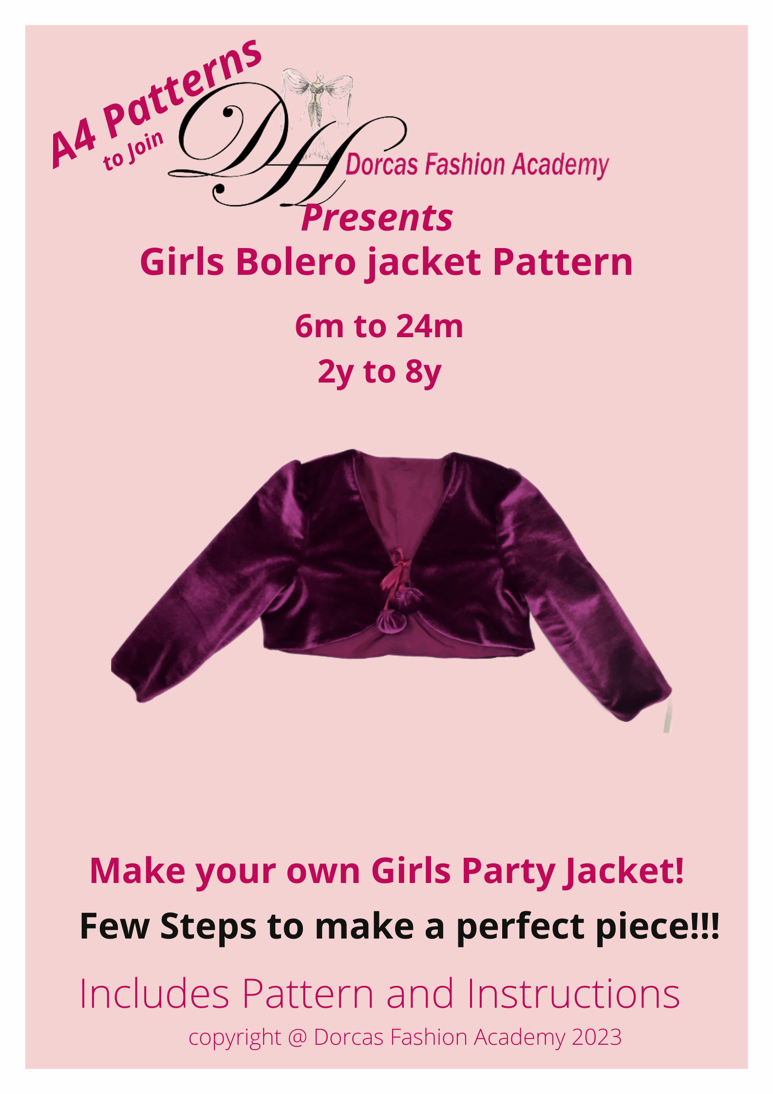 GIRLS BOLERO JACKET PDF SEWING PATTERN AND INSTRUCTIONS  3m to 24m & 2y to 8y