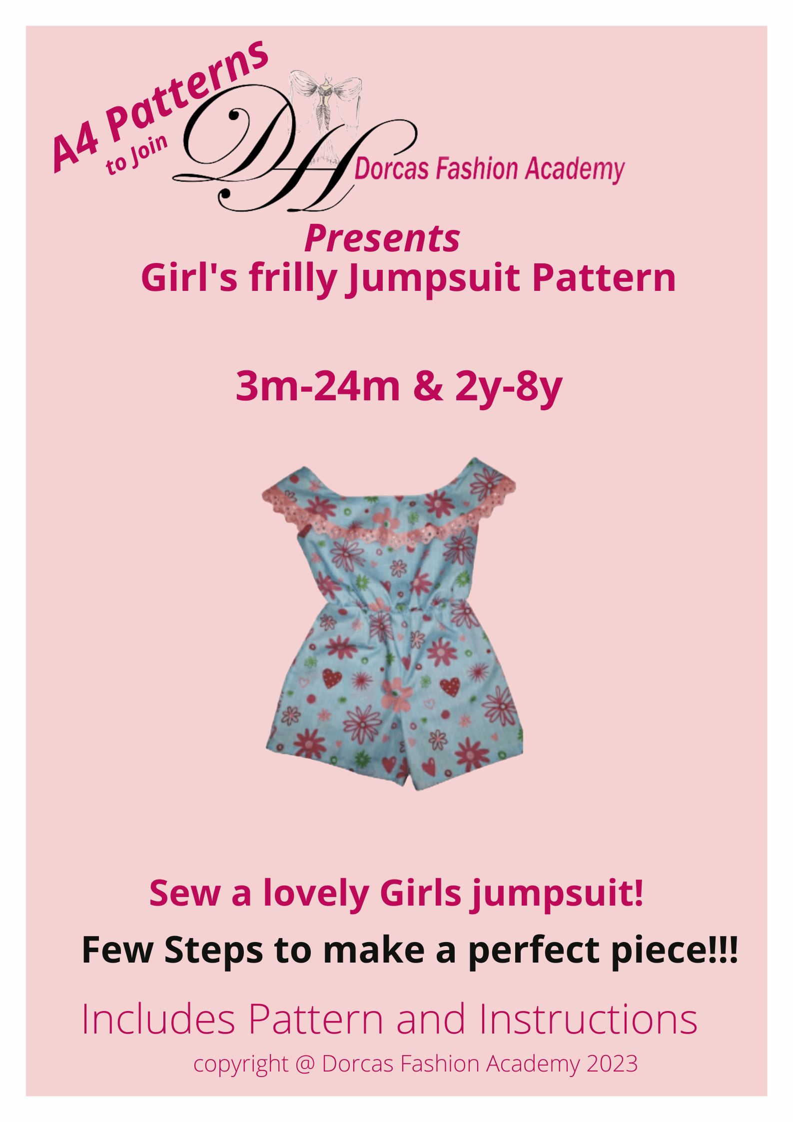 GIRLS FRILLY JUMPSUIT PDF SEWING PATTERN & INSTRUCTIONS  3m-24m & 2y to 8y