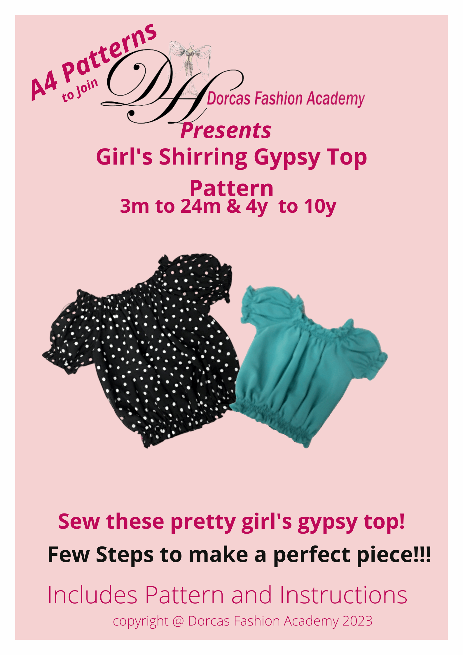 GIRL'S SHIRRING GYPSY TOP PDF SEWING PATTERN & INSTRUCTIONS 3m to 24m & 2y to 10y