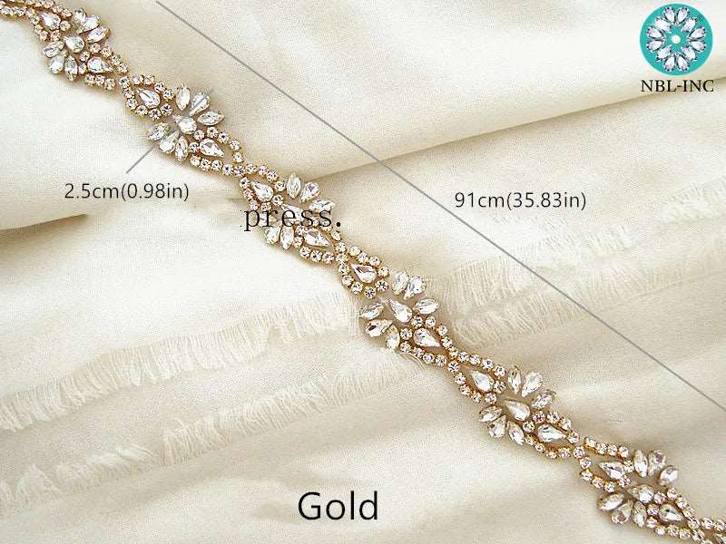 (1 YARD) Silver clear bridal beaded crystal rhinestone applique trim belt gold sewing iron on for wedding dress clothing WDD0278