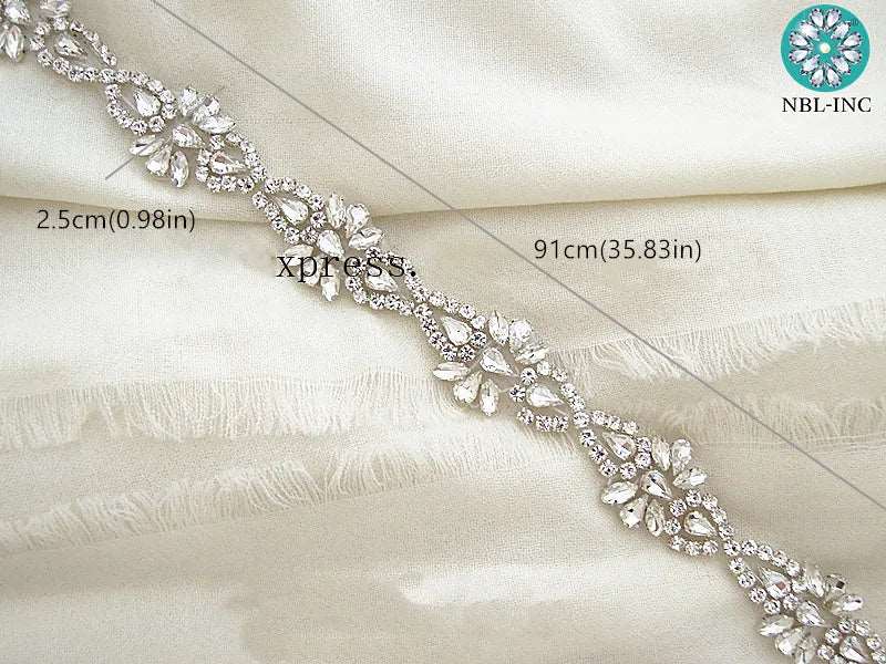 (1 YARD) Silver clear bridal beaded crystal rhinestone applique trim belt gold sewing iron on for wedding dress clothing WDD0278