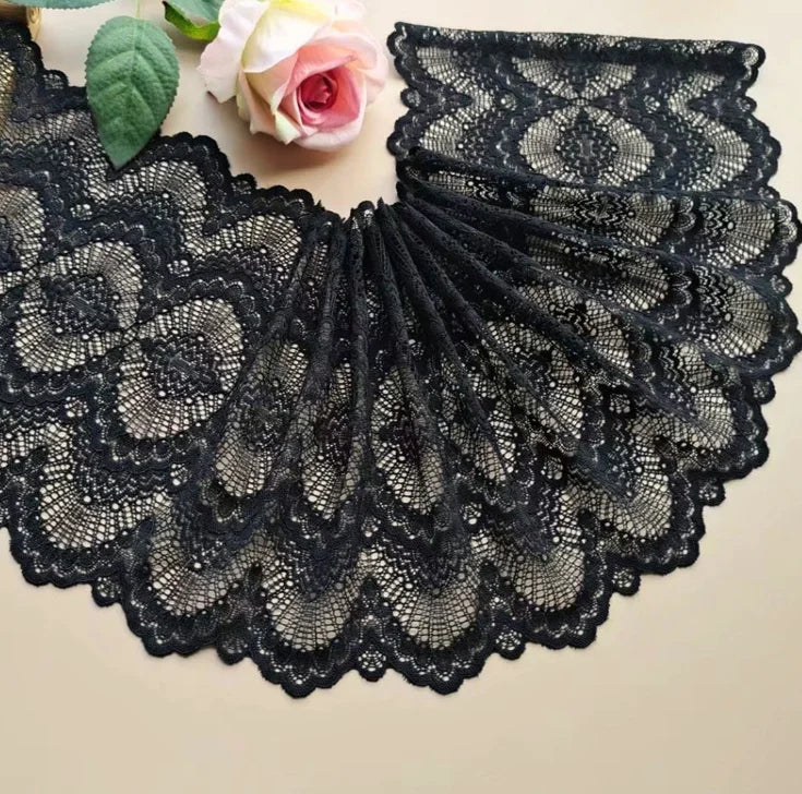 1 Meter Black Elastic Lace Trim - Floral Stretch Lace for Lingerie & Garments