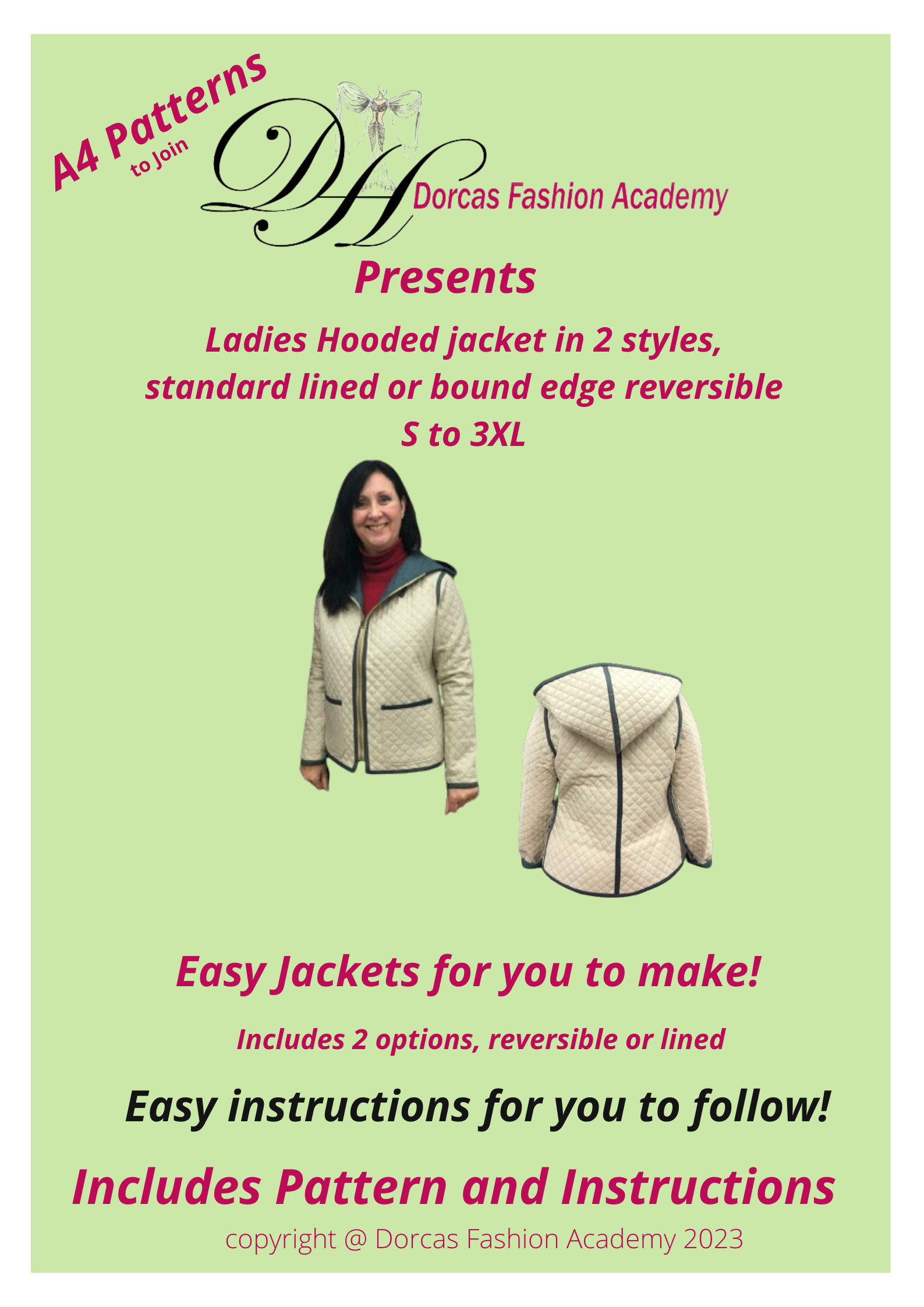 LADIES HOODED JACKET PDF SEWING PATTERN & INSTRUCTIONS S to 3XL