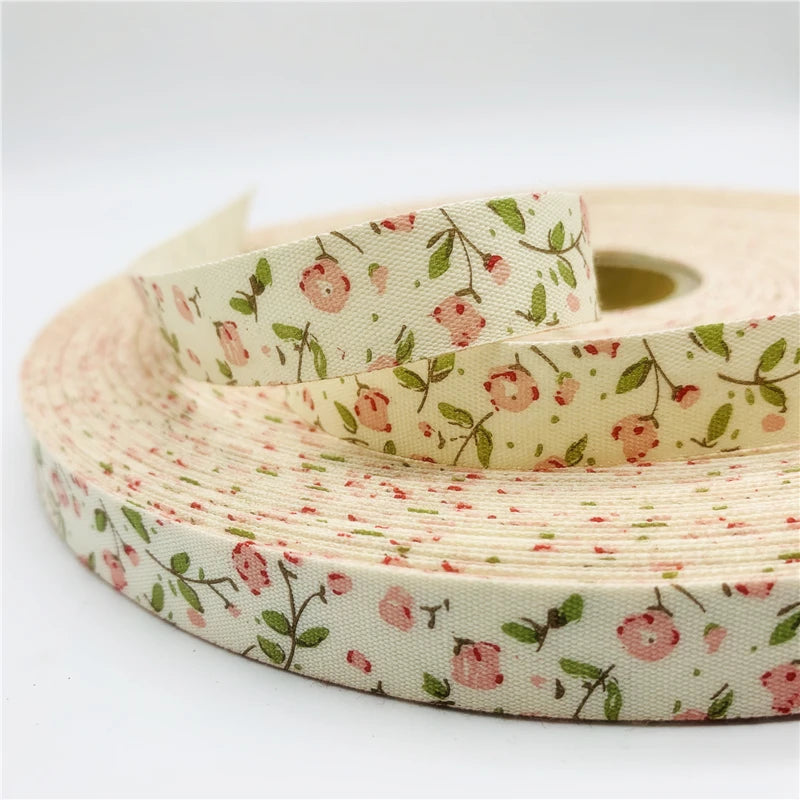5 Yards Printed Flower Cotton Ribbon 15mm - Decorative Floral Ribbon for Sewing & Crafts