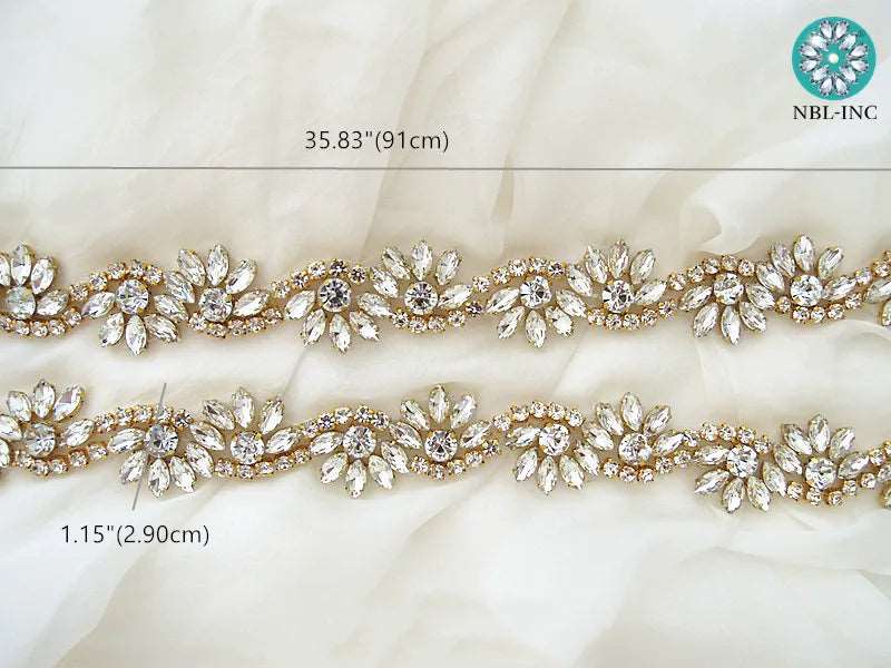 (1 YARD) Silver clear bridal beaded crystal rhinestone applique trim belt gold sewing iron on for wedding dress clothing WDD0278