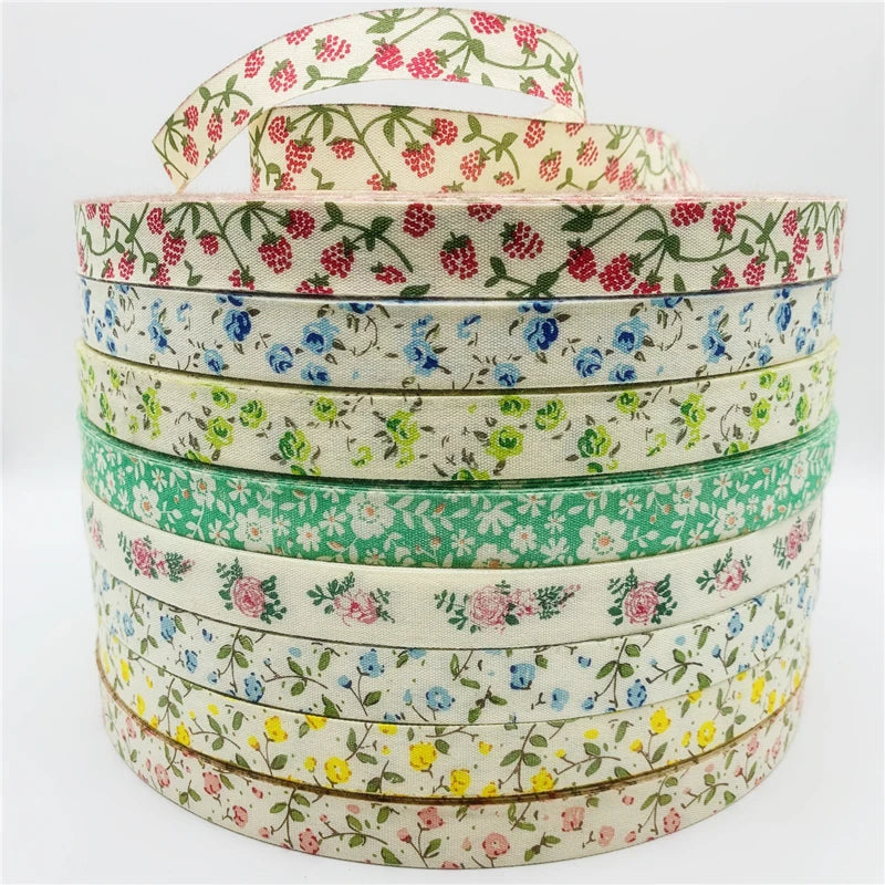5 Yards Printed Flower Cotton Ribbon 15mm - Decorative Floral Ribbon for Sewing & Crafts