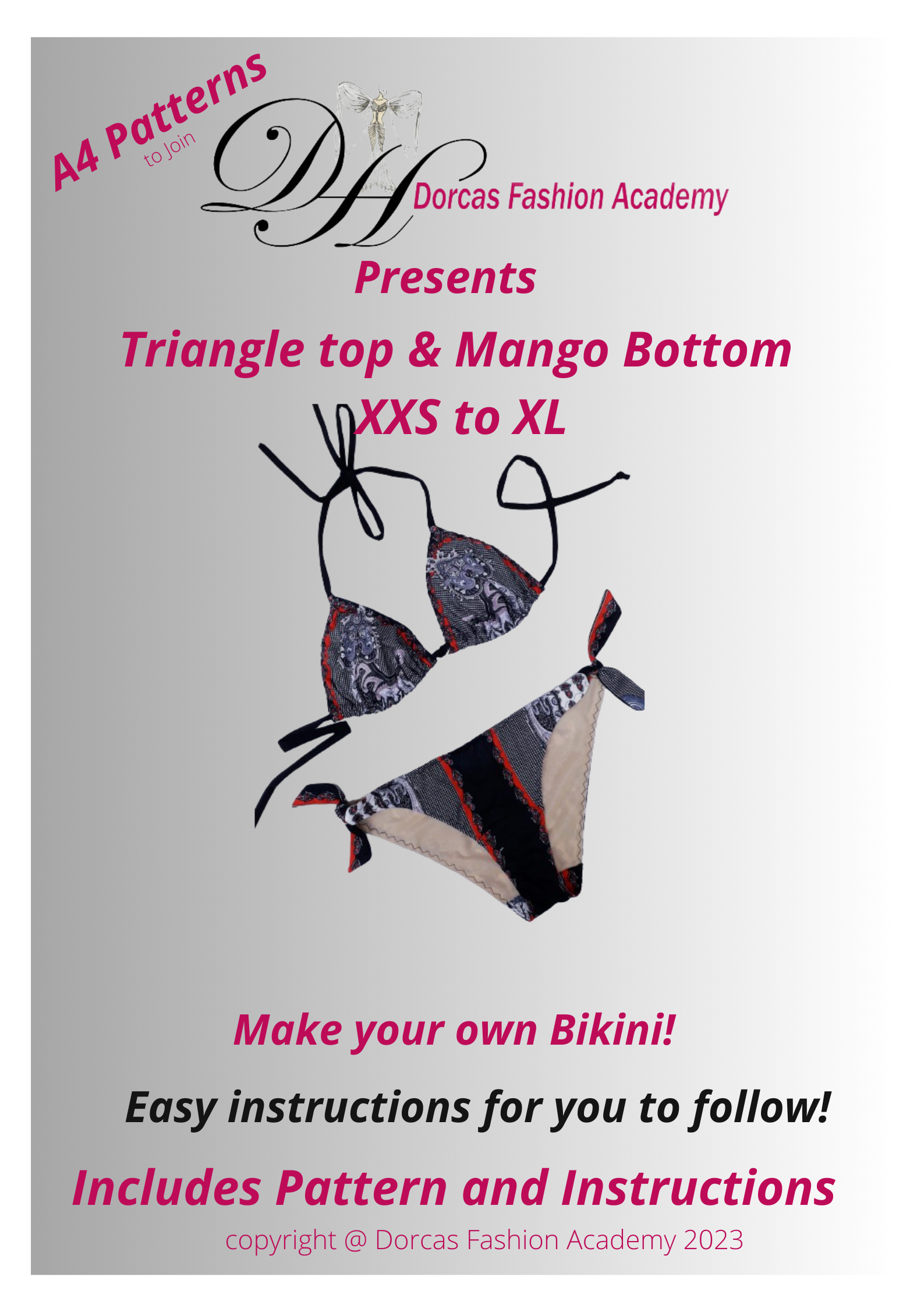 MANGO BIKINI WITH SIDE TIE BOTTOM AND TRIANGLE TOP PDF SEWING PATTERN AND INSTRUCTIONS XXS-XL