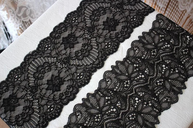 1 Meter Black Elastic Lace Trim - Floral Stretch Lace for Lingerie & Garments
