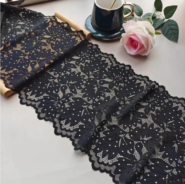 1 Meter Black Elastic Lace Trim - Floral Stretch Lace for Lingerie & Garments