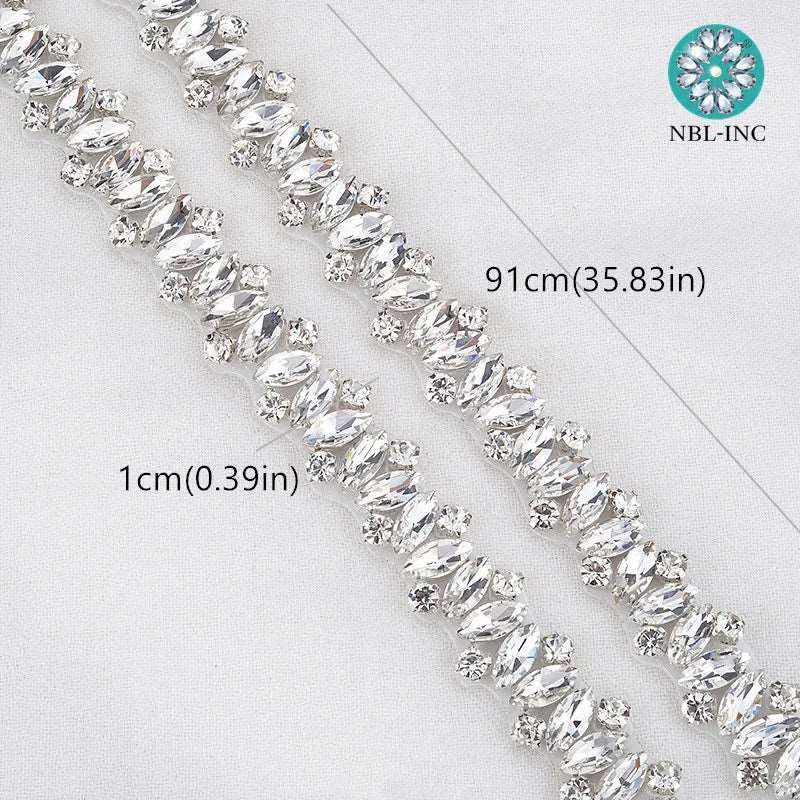 (1 YARD) Silver clear bridal beaded crystal rhinestone applique trim belt gold sewing iron on for wedding dress clothing WDD0278