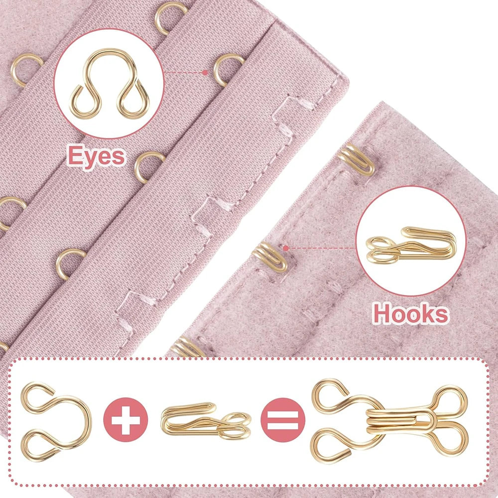 100-Pack Gold Alloy Bra Hooks and Eyes - Sew-On Closures for Lingerie & Garments