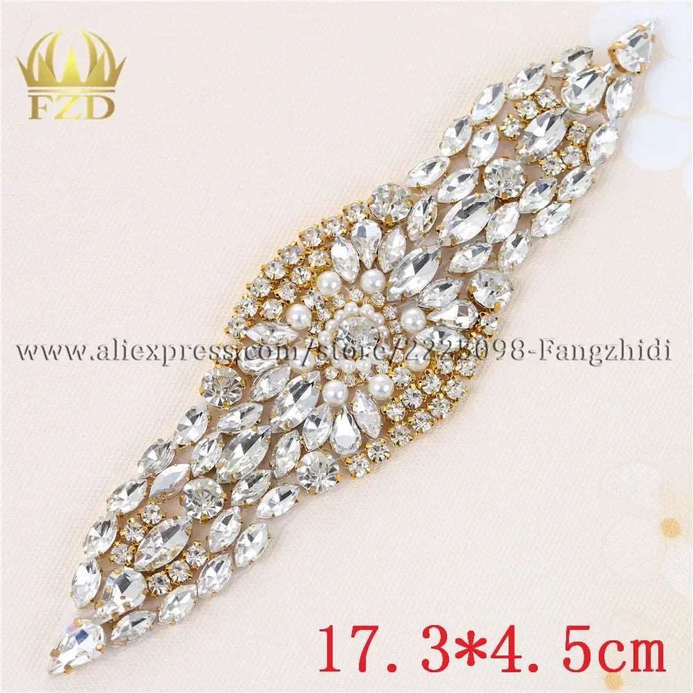 (1 piece) Sew On Strass Applique Rhinestone For Wedding Belt Pearl Patch Crystals Iron On Glass For Bridal Headband Trim