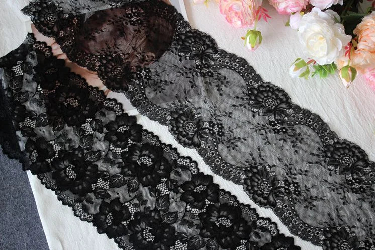 1 Meter Black Elastic Lace Trim - Floral Stretch Lace for Lingerie & Garments