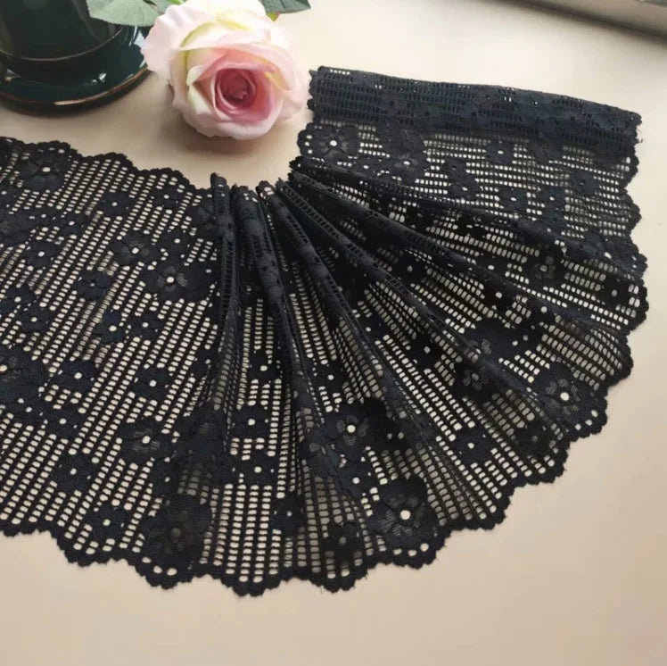 1 Meter Black Elastic Lace Trim - Floral Stretch Lace for Lingerie & Garments
