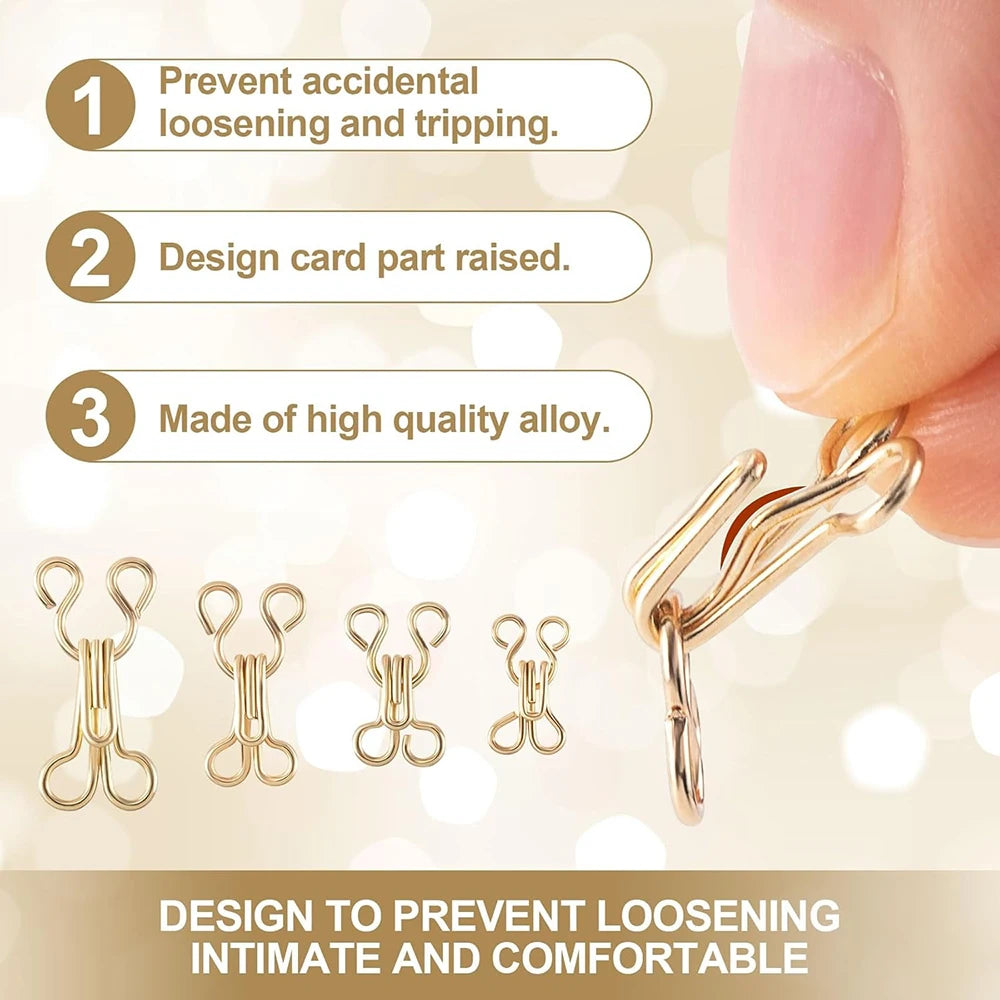 100-Pack Gold Alloy Bra Hooks and Eyes - Sew-On Closures for Lingerie & Garments