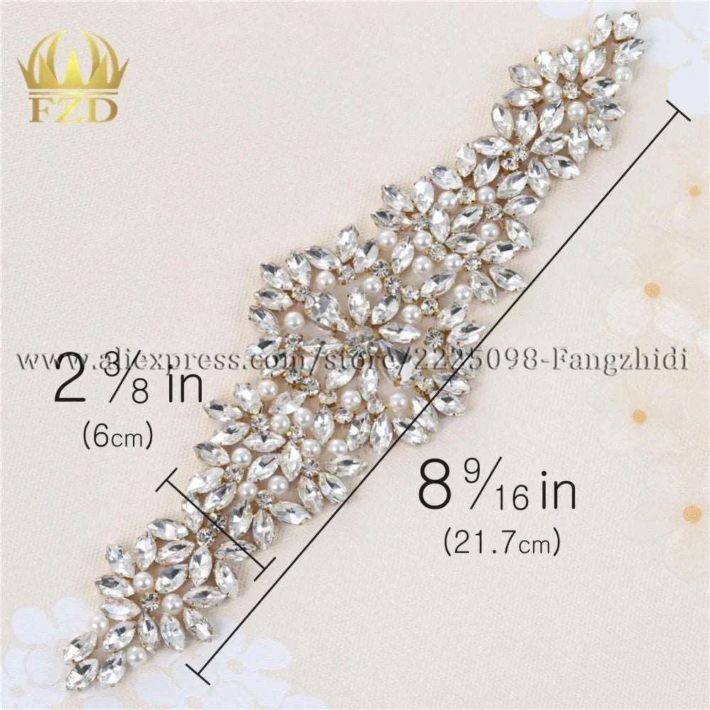 (1 piece) Sew On Strass Applique Rhinestone For Wedding Belt Pearl Patch Crystals Iron On Glass For Bridal Headband Trim