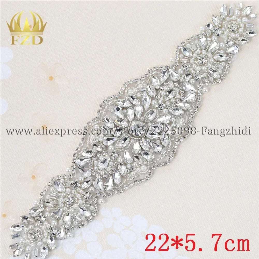 (1 piece) Sew On Strass Applique Rhinestone For Wedding Belt Pearl Patch Crystals Iron On Glass For Bridal Headband Trim