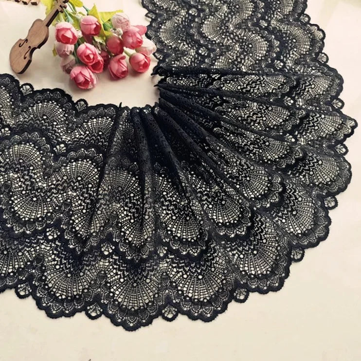 1 Meter Black Elastic Lace Trim - Floral Stretch Lace for Lingerie & Garments
