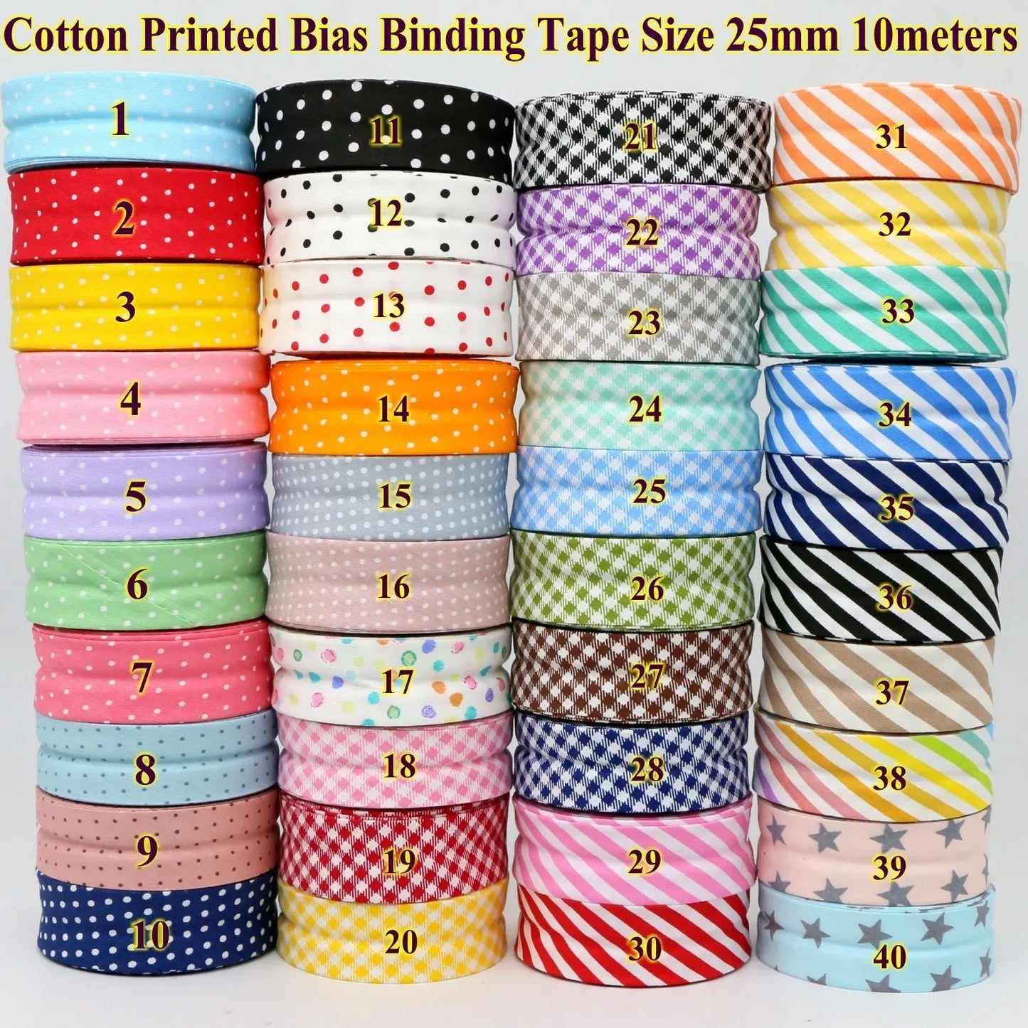 Cotton Bias Binding Tape 20-25mm x 5m - Printed Dots, Stripes & Tartan Patterns