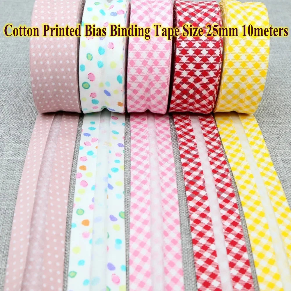 Cotton Bias Binding Tape 20-25mm x 5m - Printed Dots, Stripes & Tartan Patterns
