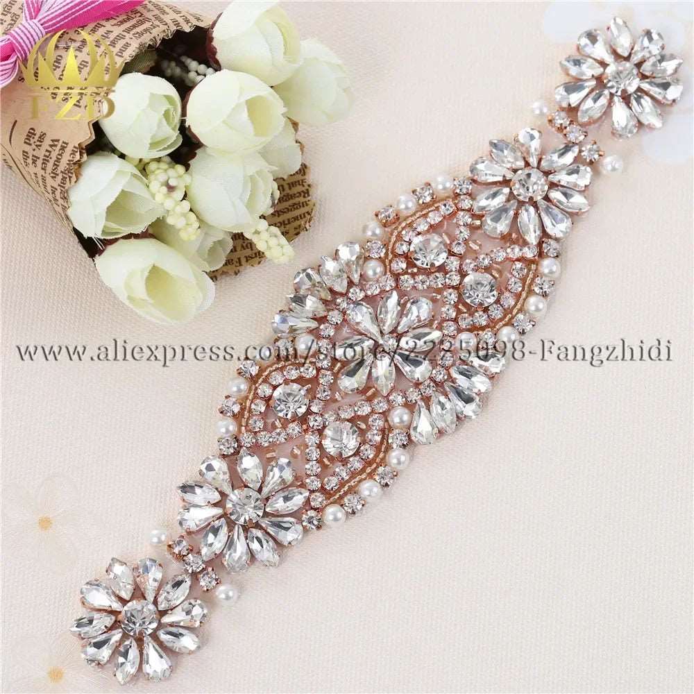 (1 piece) Sew On Strass Applique Rhinestone For Wedding Belt Pearl Patch Crystals Iron On Glass For Bridal Headband Trim