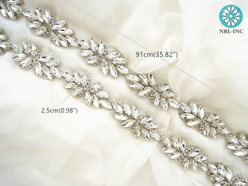 (1 YARD) Silver clear bridal beaded crystal rhinestone applique trim belt gold sewing iron on for wedding dress clothing WDD0278