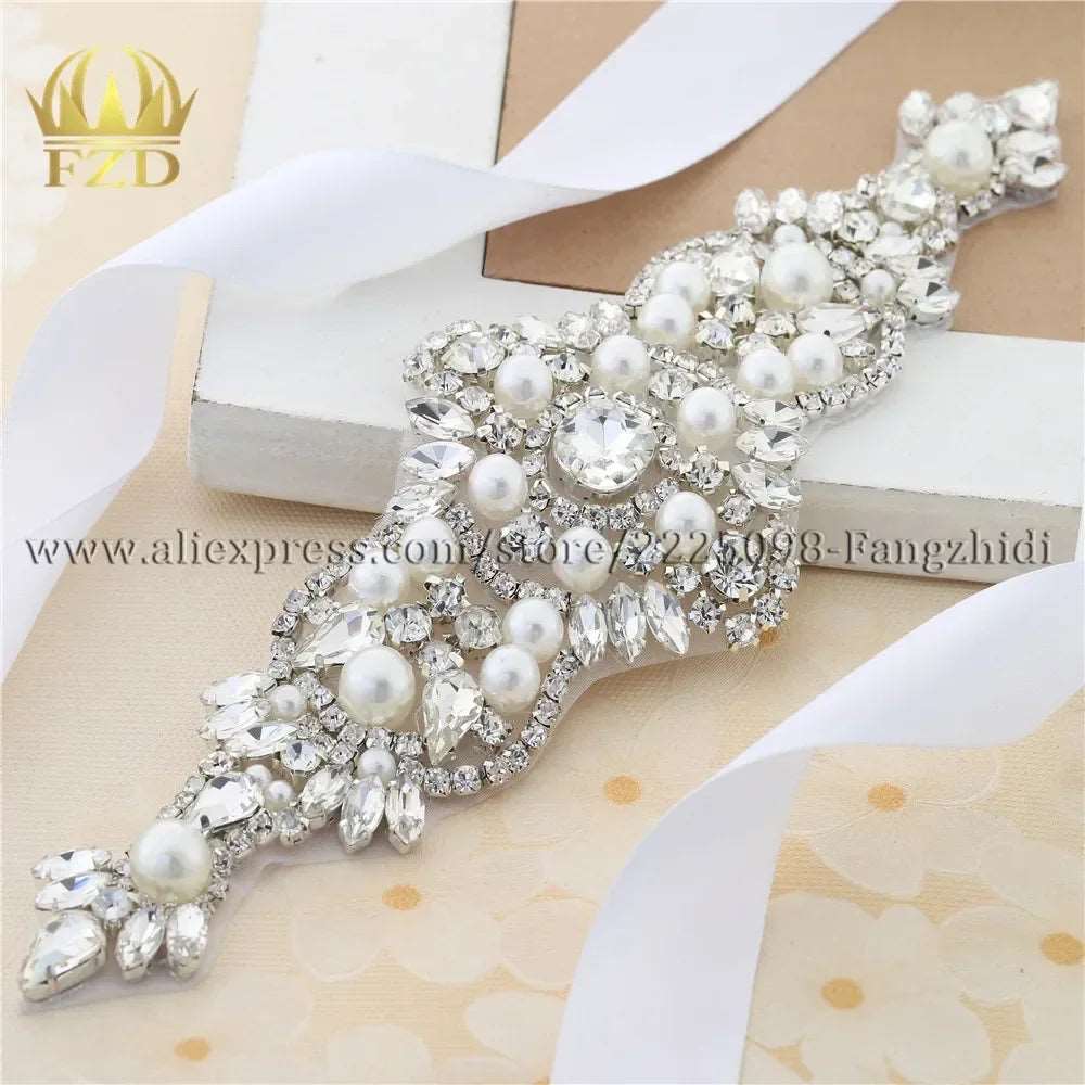 (1 piece) Sew On Strass Applique Rhinestone For Wedding Belt Pearl Patch Crystals Iron On Glass For Bridal Headband Trim