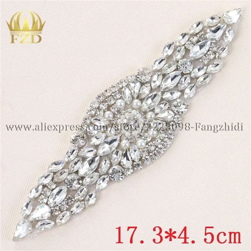 (1 piece) Sew On Strass Applique Rhinestone For Wedding Belt Pearl Patch Crystals Iron On Glass For Bridal Headband Trim