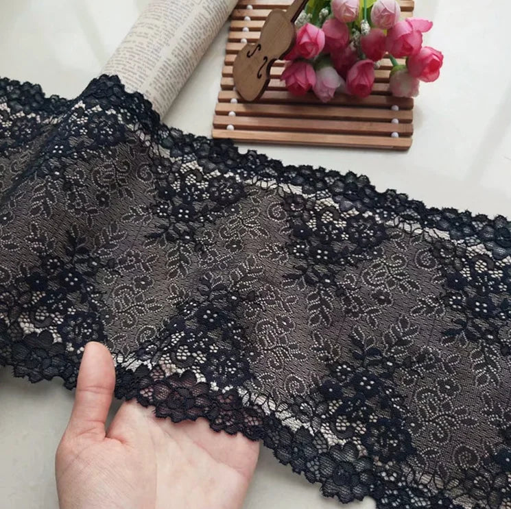 1 Meter Black Elastic Lace Trim - Floral Stretch Lace for Lingerie & Garments