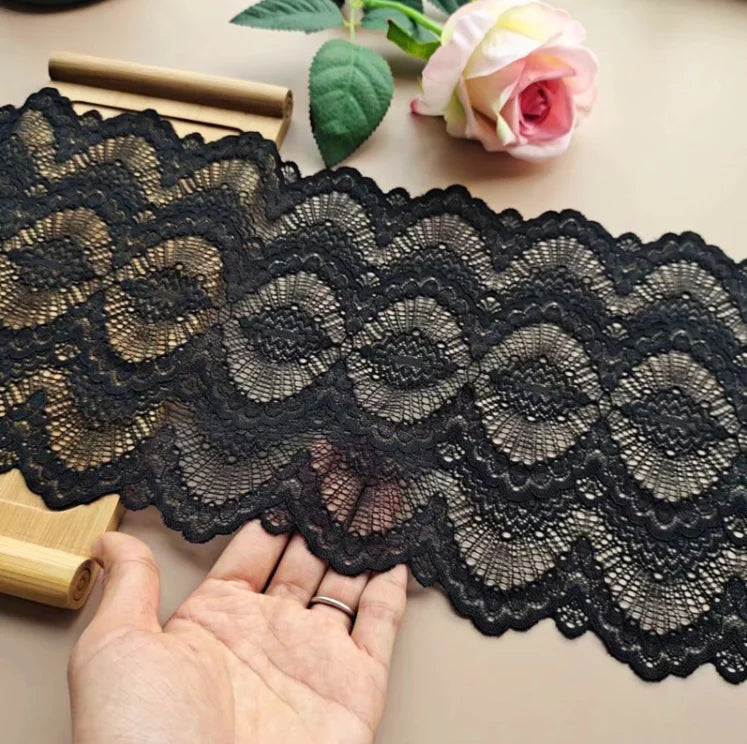 1 Meter Black Elastic Lace Trim - Floral Stretch Lace for Lingerie & Garments