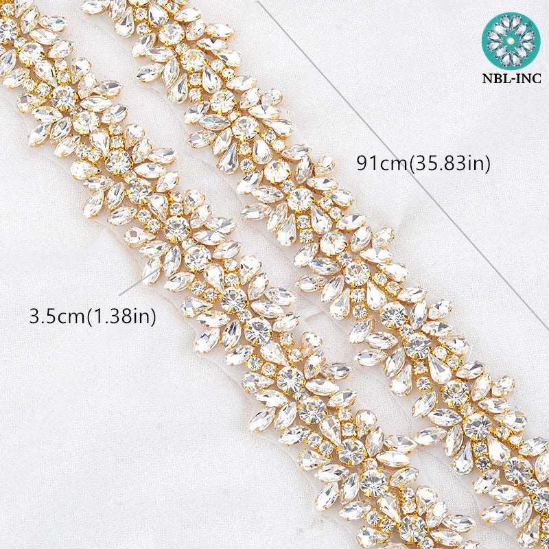 (1 YARD) Silver clear bridal beaded crystal rhinestone applique trim belt gold sewing iron on for wedding dress clothing WDD0278