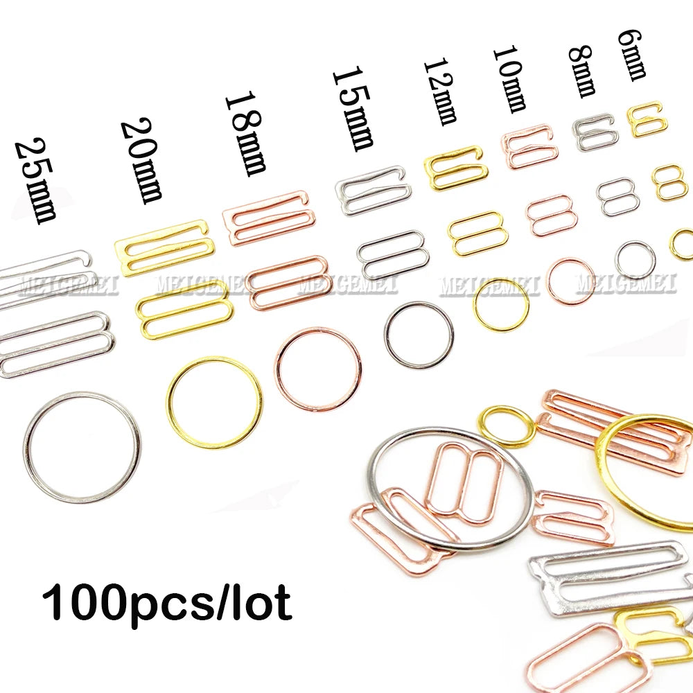 100-Pack Metal Bra Rings & Sliders - Strap Adjusters for Lingerie & Bra Making (6-25mm)
